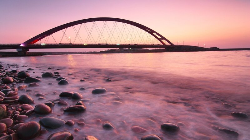 Arch Bridge over Water — Pink