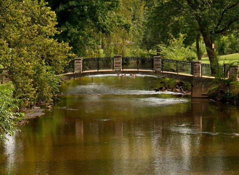 Arched Bridge over River — Green, Serene, Afternoon, Photograph