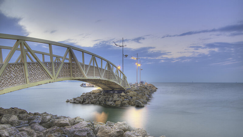 Arched Bridge over Water — Blue
