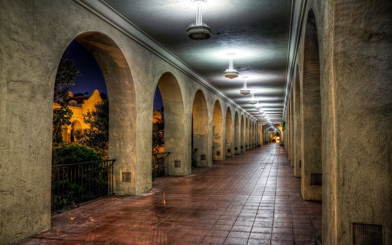 Arched Corridor at Night — Brown, Dramatic