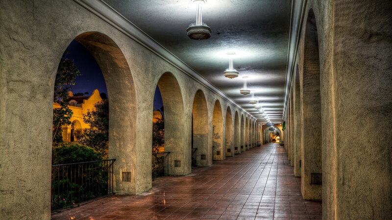 Arched Corridor at Night — Brown, Serene