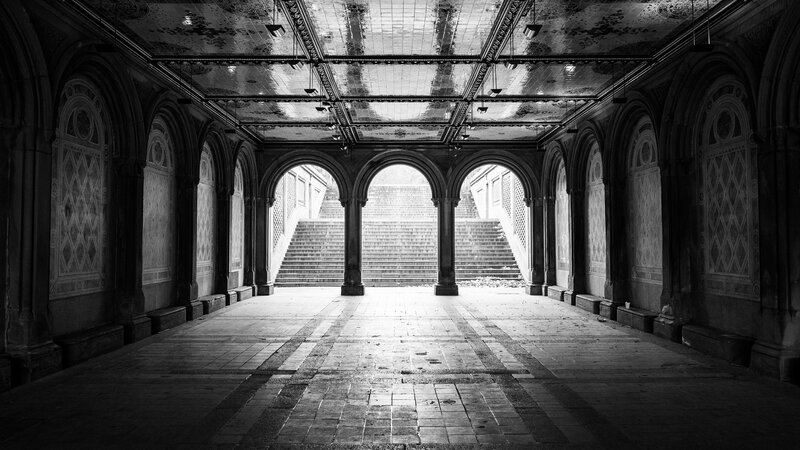 Arched Corridor with Stairs — Black, Dramatic, Photograph