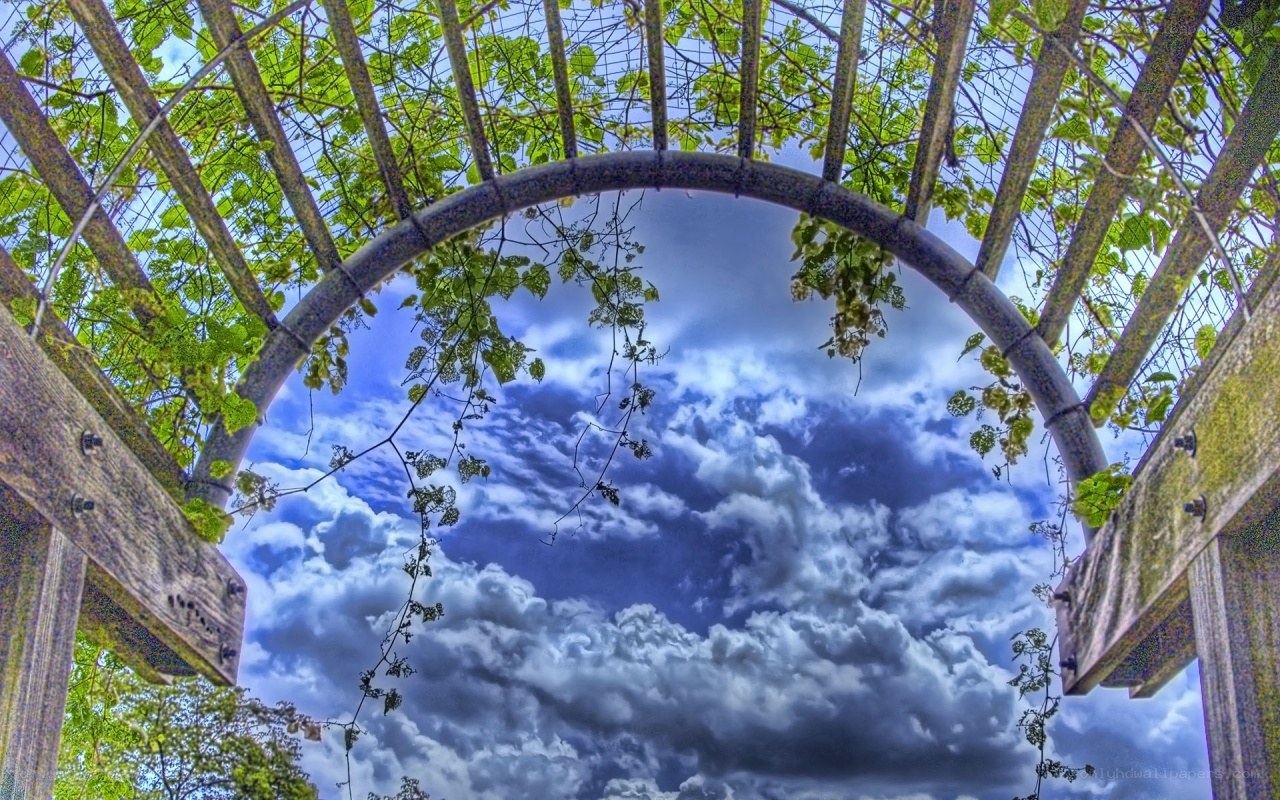 Arched trellis with cloudy sky
