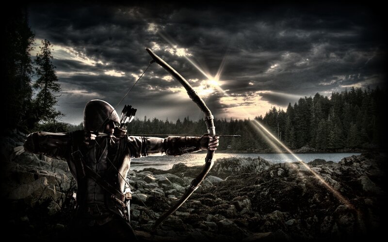 Archer Aiming Bow — Black, Dramatic, Sunset