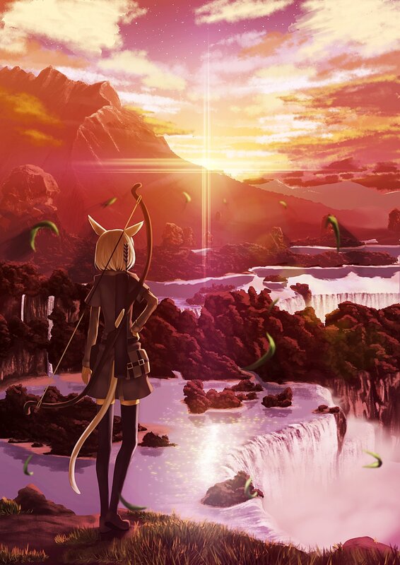 archer at sunset by waterfall
