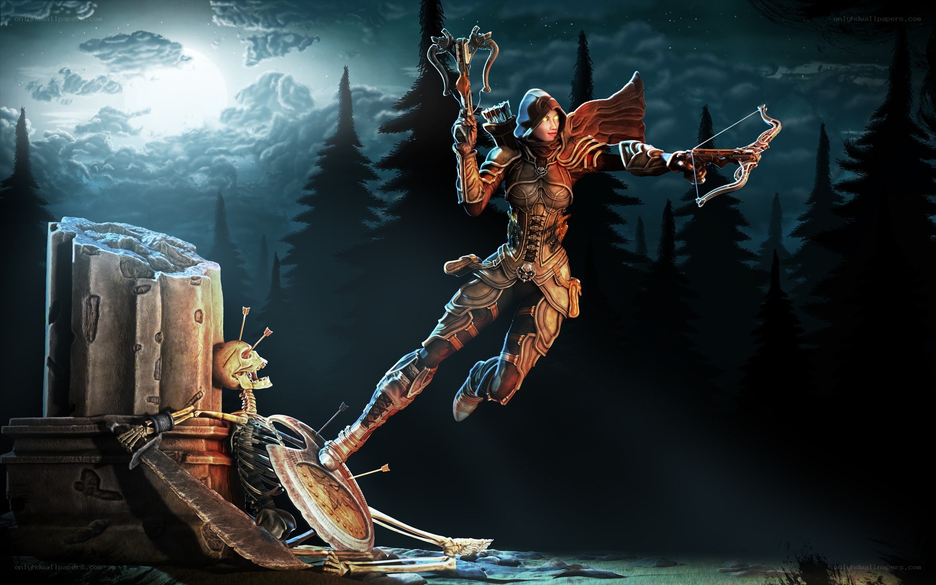 Archer in a moonlit forest