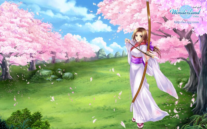 archer in cherry blossom field