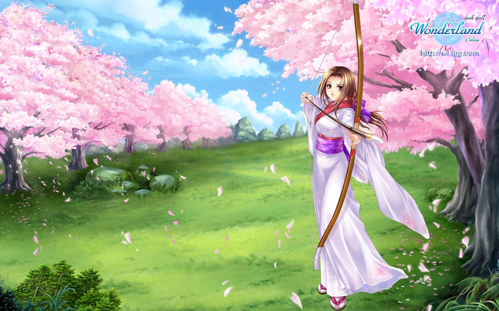 archer in cherry blossom field