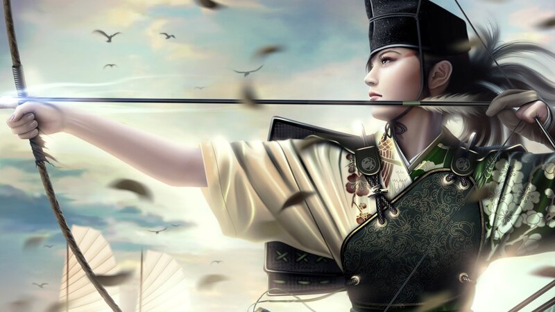 Archer in Traditional Armor — Green, Dramatic, Afternoon, Digital Art, Bow and Arrow, Birds