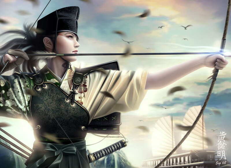 Archer in Traditional Armor — Green, Dramatic, Sunset, Digital Art, Bow and Arrow, Sailboat