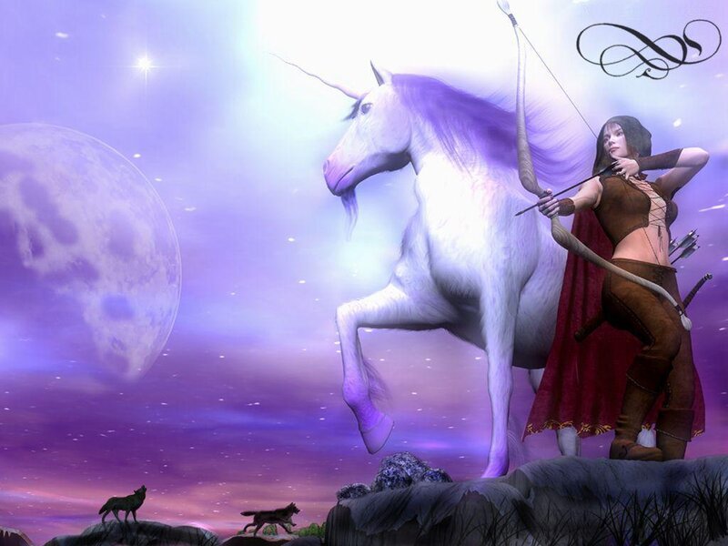 archer with unicorn on moonlit cliff