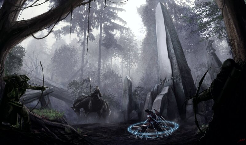 Archers in a Forest — Gray, Dramatic, Night