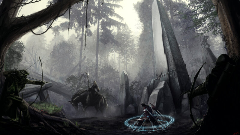 Archers in a Forest — Gray, Dramatic
