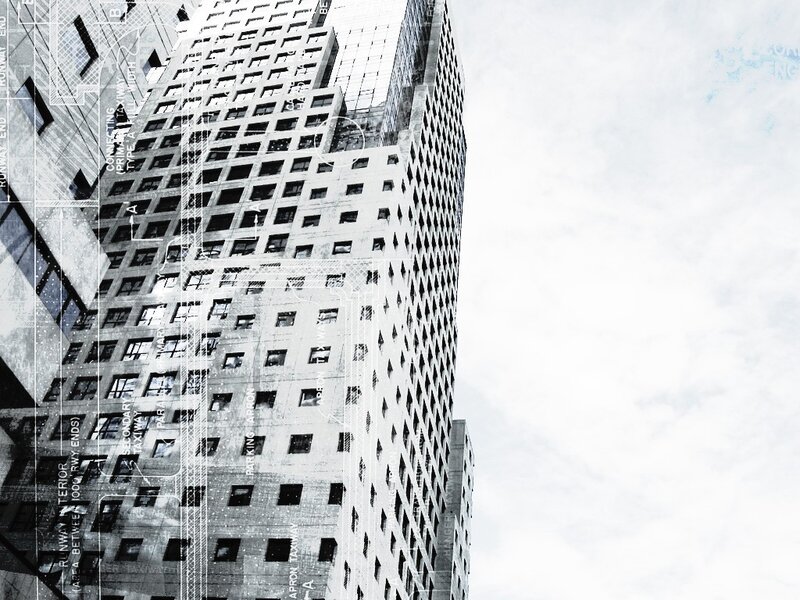 Architectural blueprint overlay on skyscraper