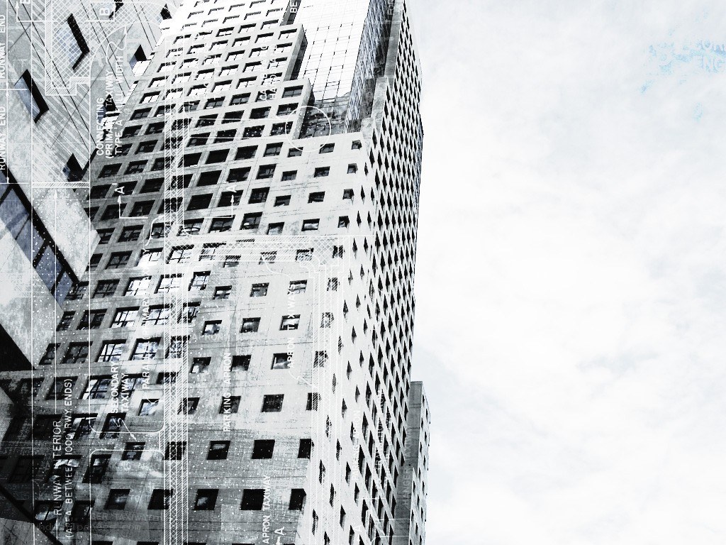 Architectural blueprint overlay on skyscraper