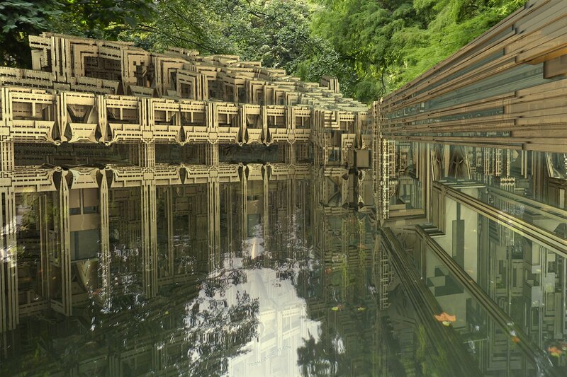 architectural reflection in forest