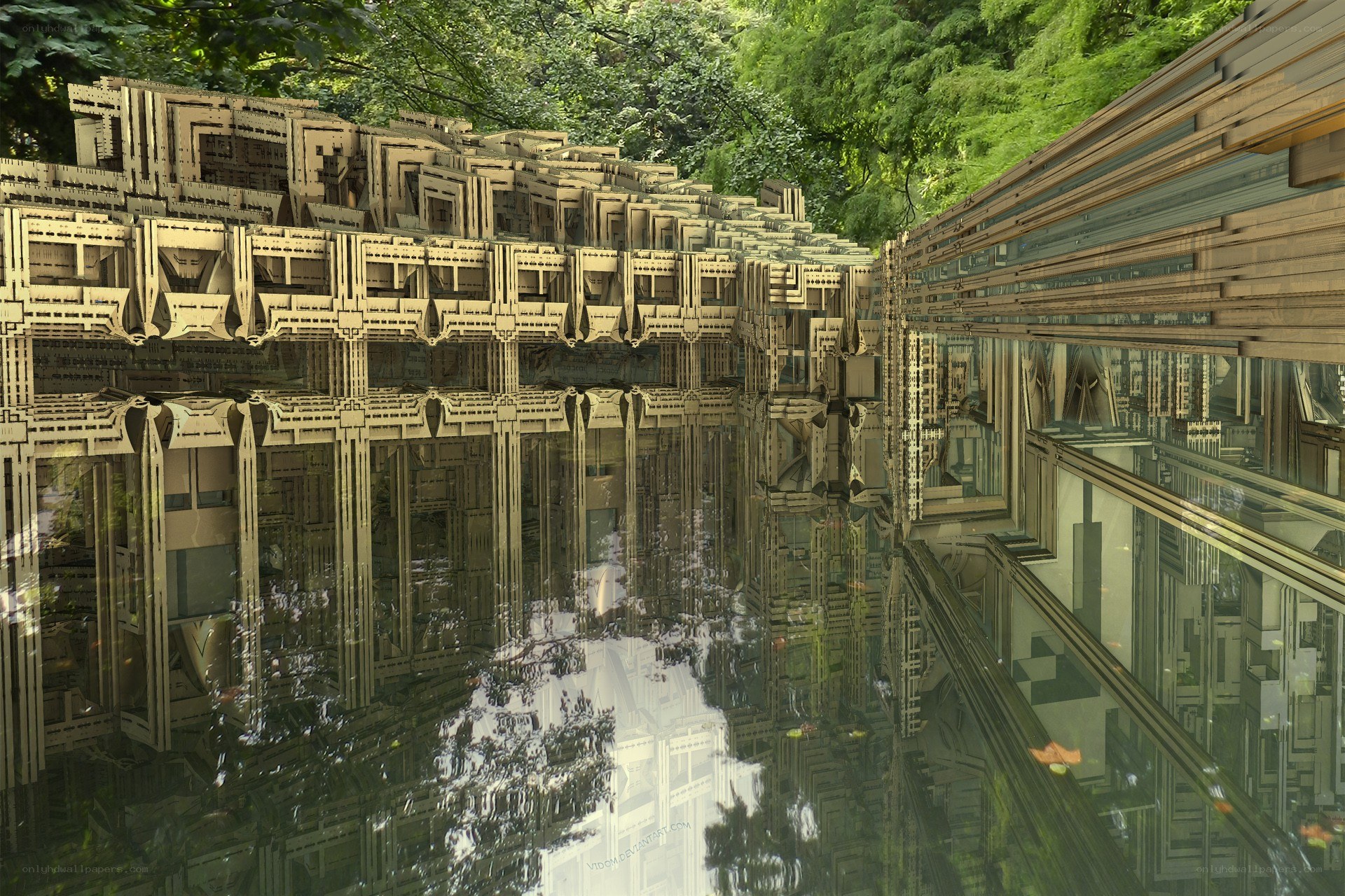 architectural reflection in forest