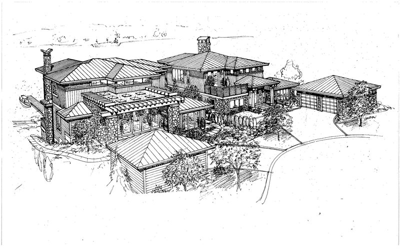 Architectural sketch of lakeside house