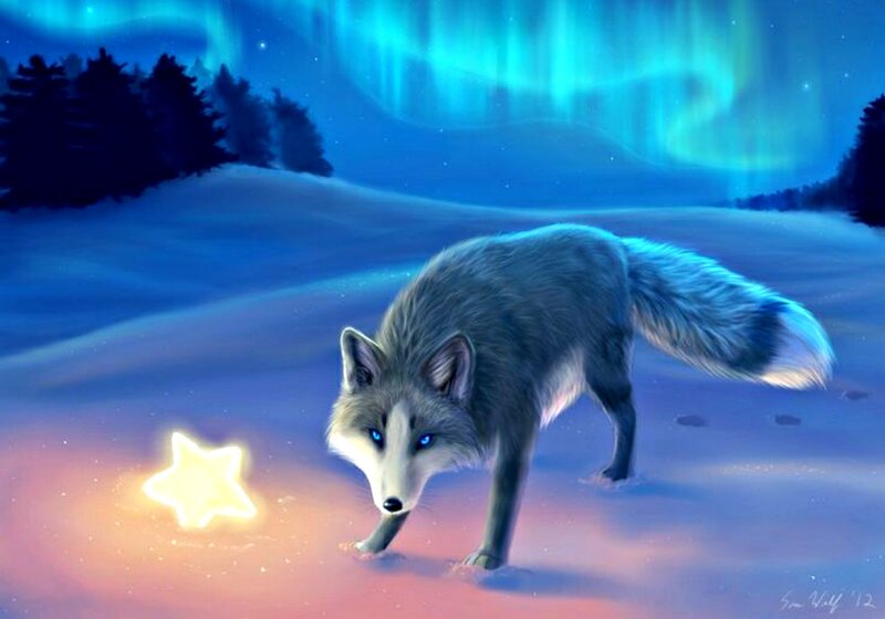 Arctic Fox in Snow — Blue, Serene, Night, Digital Art
