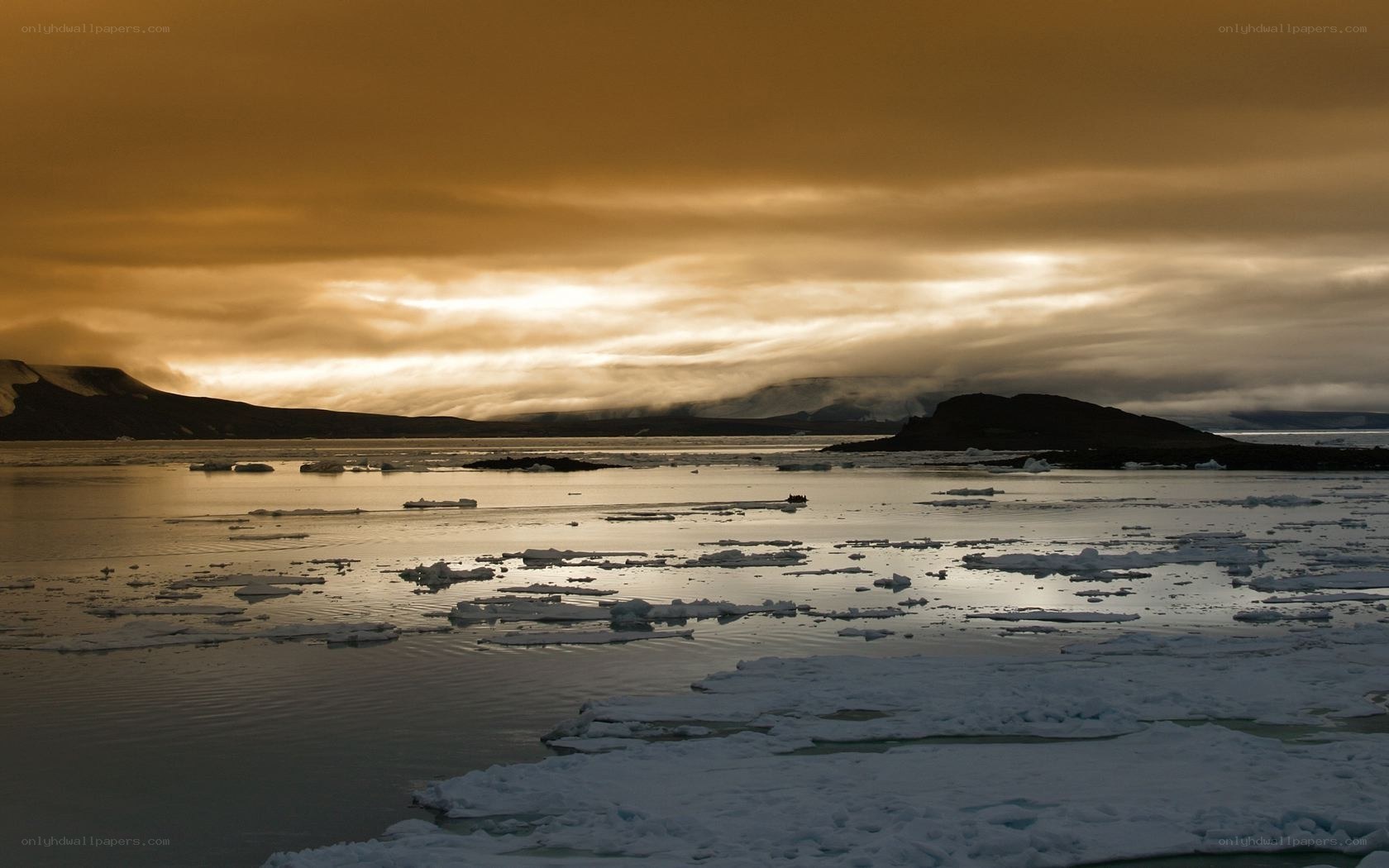 Arctic ice floes at sunset