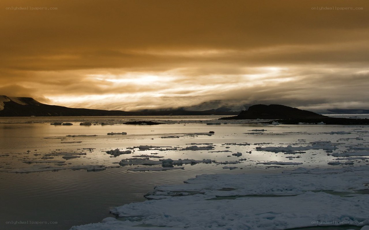 Arctic ice floes at sunset