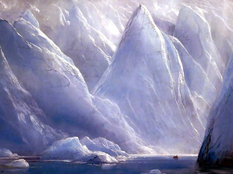Arctic icebergs and a small boat