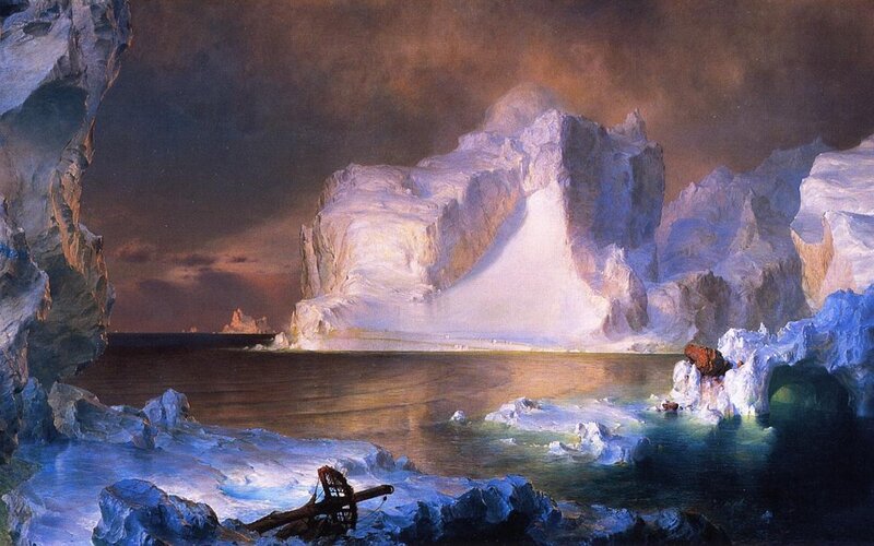Arctic icebergs at dusk
