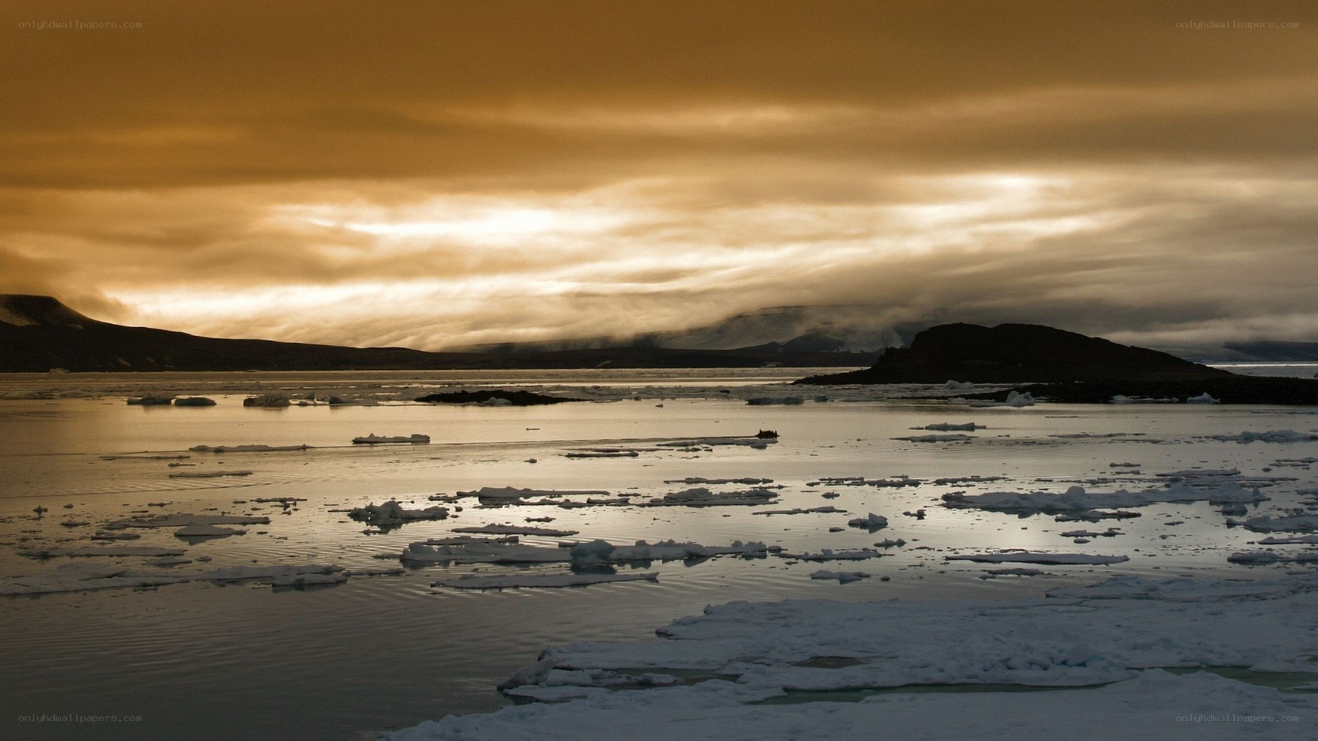Arctic sunset with ice floes
