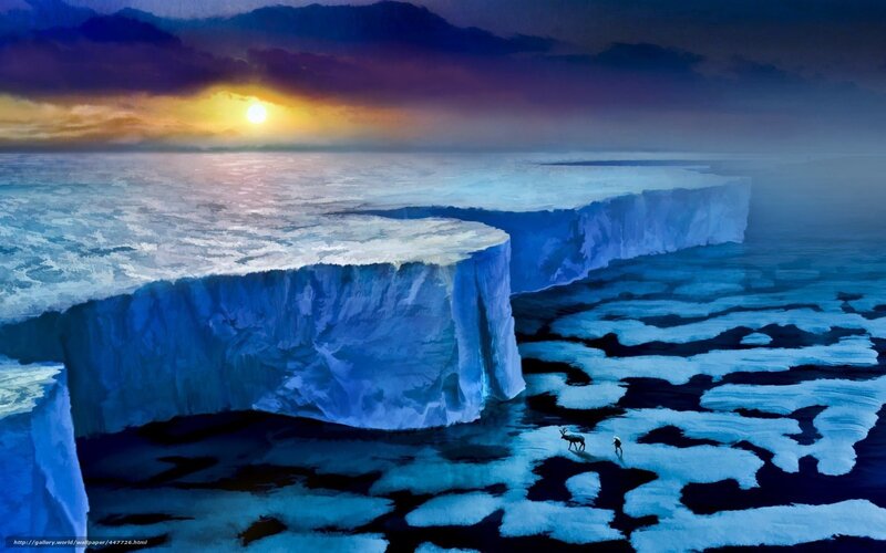 Arctic sunset with icebergs