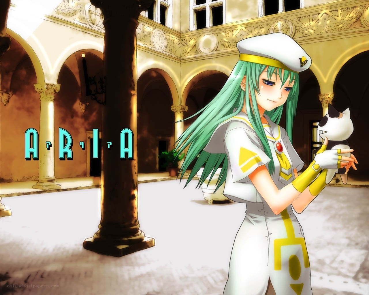 Aria anime character in courtyard