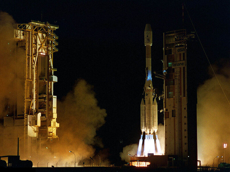 Ariane rocket launch at night