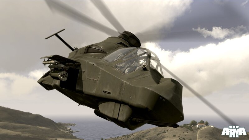 armed helicopter in flight