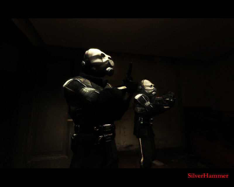 armed soldiers in gas masks
