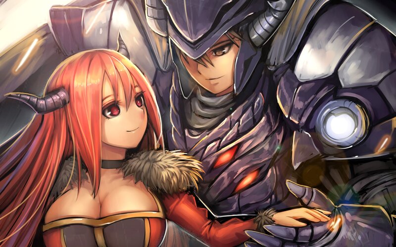 armor-clad warrior and red-haired girl