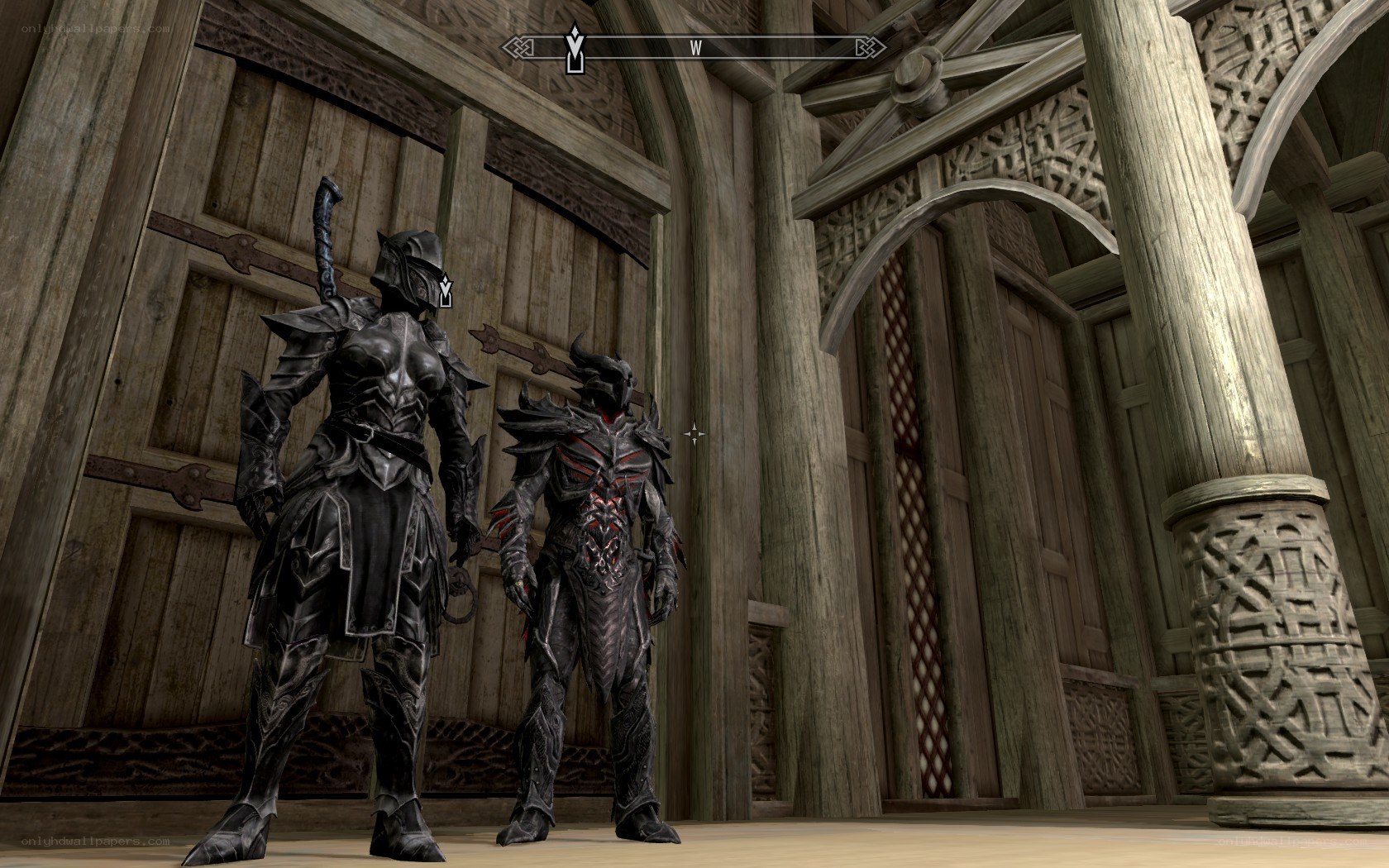 armor in a wooden hall