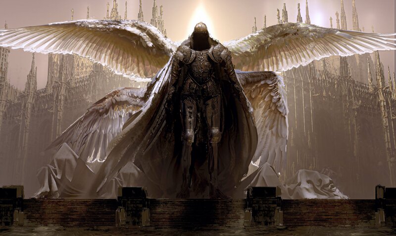 Armored Angel with Wings — White, Dramatic, Sunset