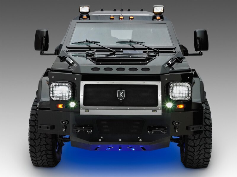 armored black SUV front view