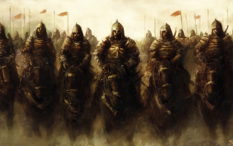 Armored Cavalry on Horseback — Brown, Dramatic, Digital Art, Horses