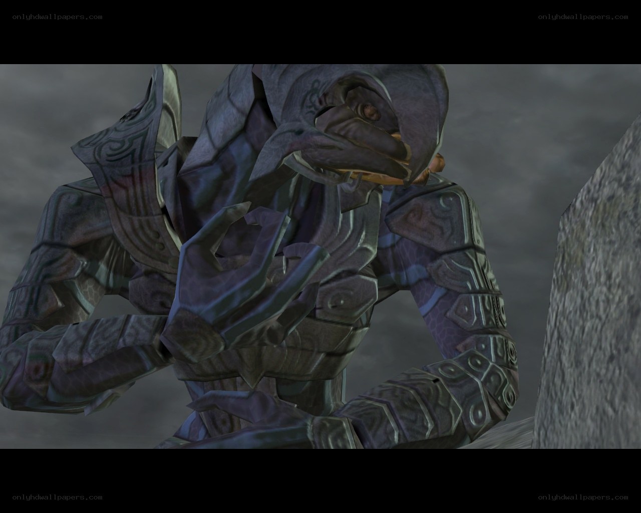 armored creature in stone environment