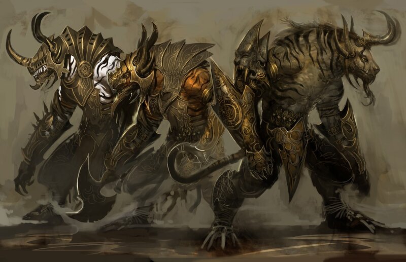 armored fantasy creatures in battle