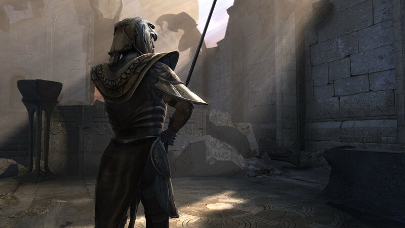 armored figure in ancient ruin
