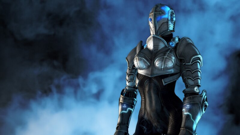 Armored Figure in Blue Mist — Dramatic