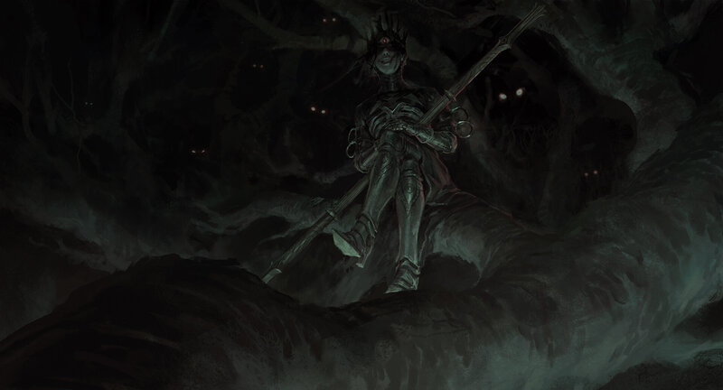 Armored Figure in Cave — Black, Dark