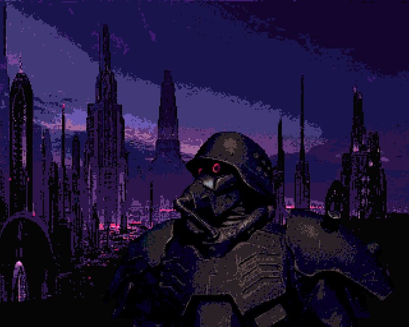 Armored Figure in City — Purple, Dramatic