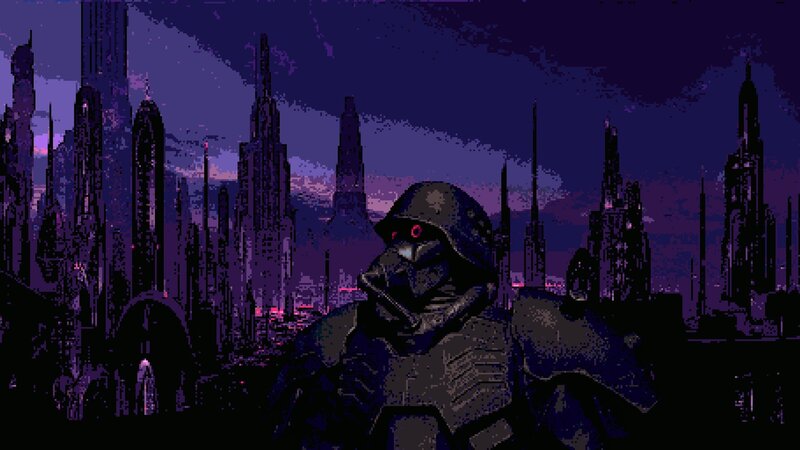 Armored Figure in City — Purple
