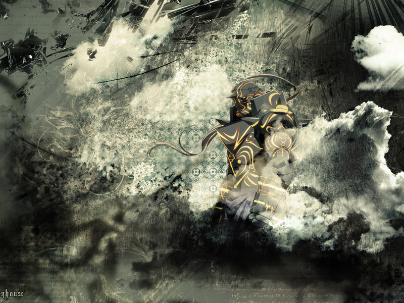 Armored Figure in Clouds — Black, Dramatic, Digital Art