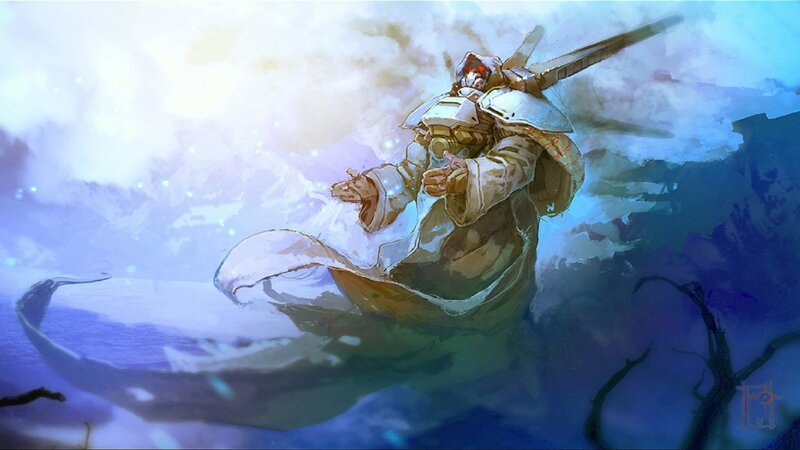 Armored Figure in Clouds — Blue