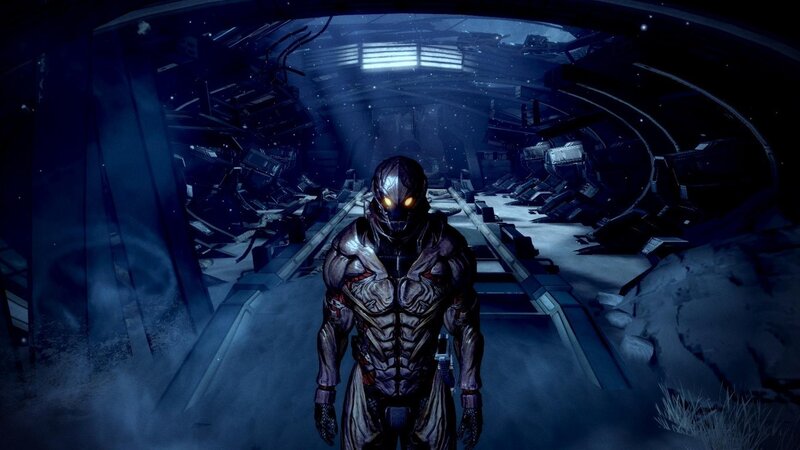Armored Figure in Corridor — Blue, Dark, Dramatic