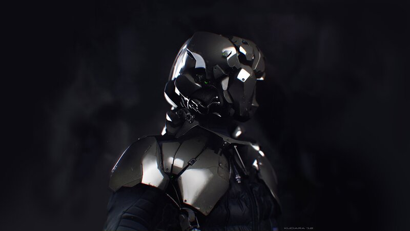 Armored Figure in Dark — Black, Dramatic, Night, Digital Art