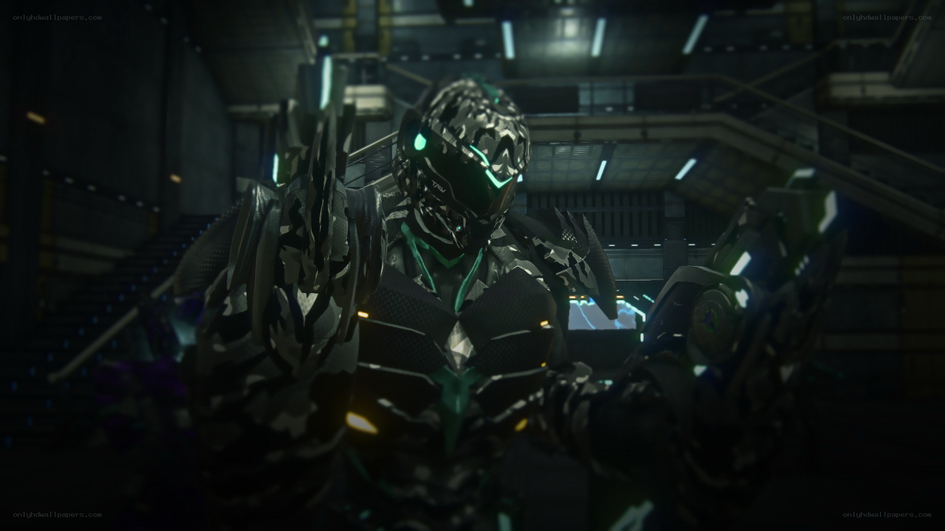 armored figure in dark facility